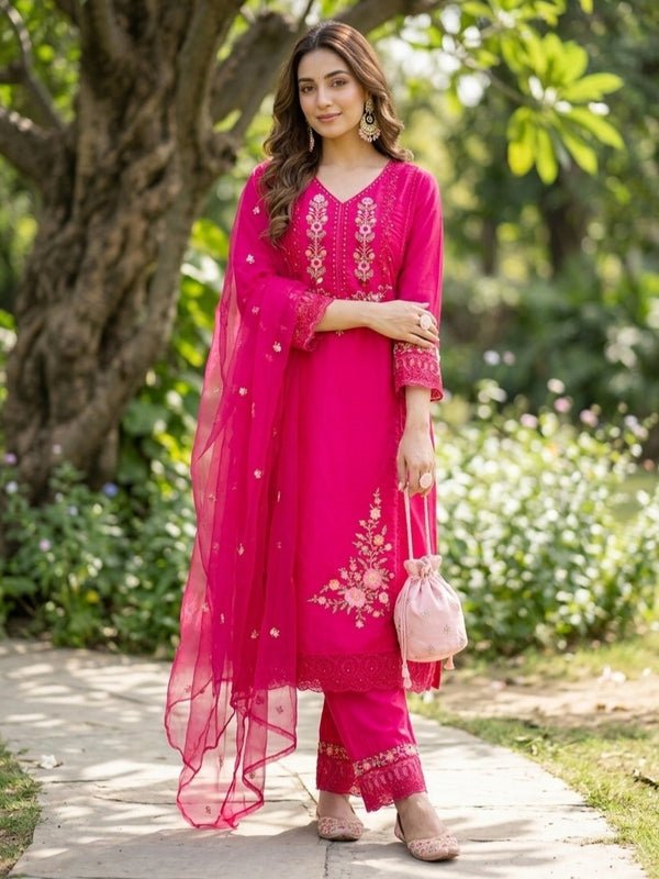Rani Pink Raw Silk Threadwork Straight Kurta With Pant Regular And Dupatta