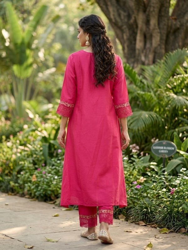 Rani Pink Raw Silk Threadwork Straight Kurta With Pant Regular And Dupatta - Image 2