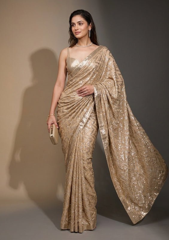 Beige Georgette Sequins Saree With Matching Blouse Piece