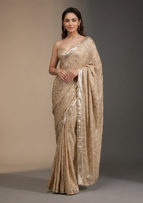 Beige Georgette Sequins Saree With Matching Blouse Piece - Image 4
