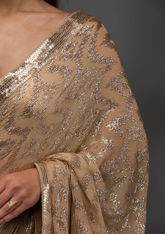 Beige Georgette Sequins Saree With Matching Blouse Piece - Image 6