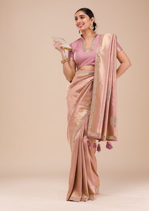 Onion Pink Silk Jaal Gold Stonework Saree With Matching Blouse Piece
