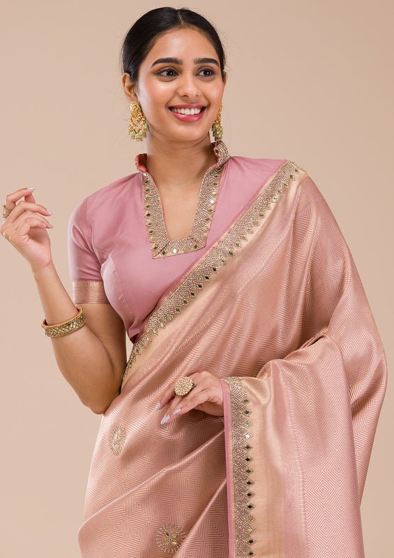 Onion Pink Silk Jaal Gold Stonework Saree With Matching Blouse Piece - Image 2