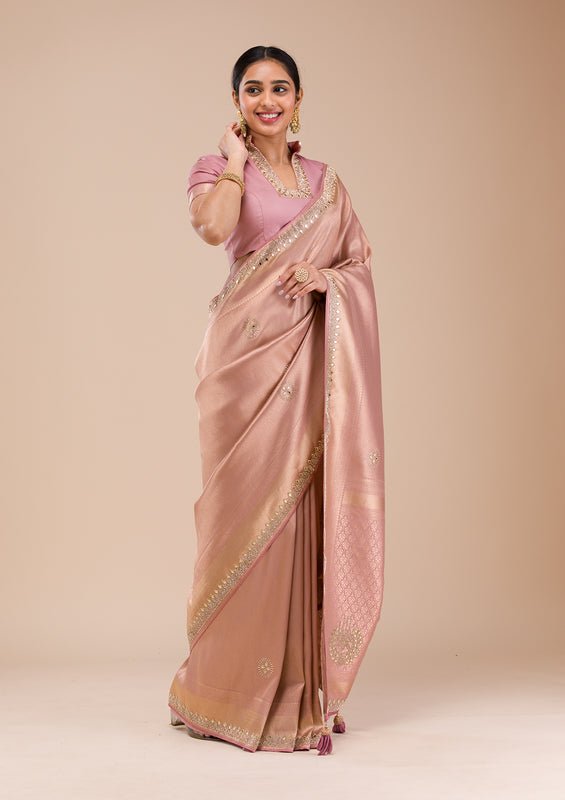 Onion Pink Silk Jaal Gold Stonework Saree With Matching Blouse Piece - Image 3