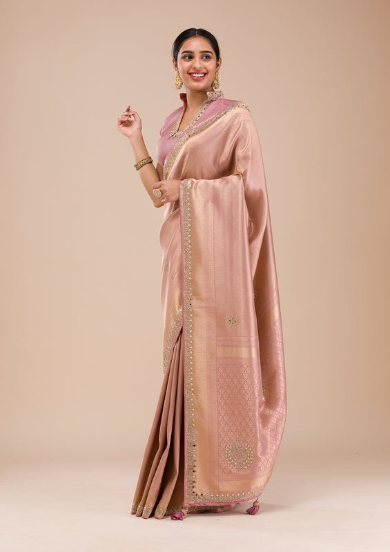 Onion Pink Silk Jaal Gold Stonework Saree With Matching Blouse Piece - Image 4