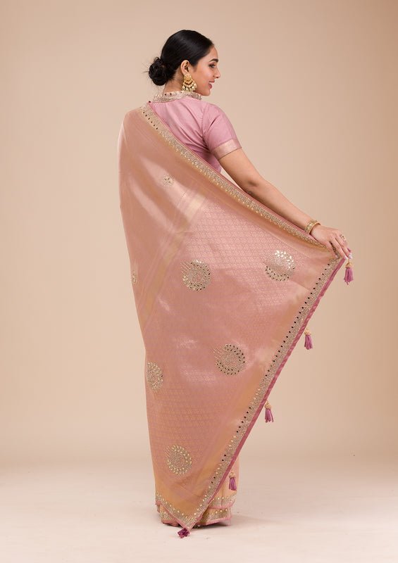Onion Pink Silk Jaal Gold Stonework Saree With Matching Blouse Piece - Image 6