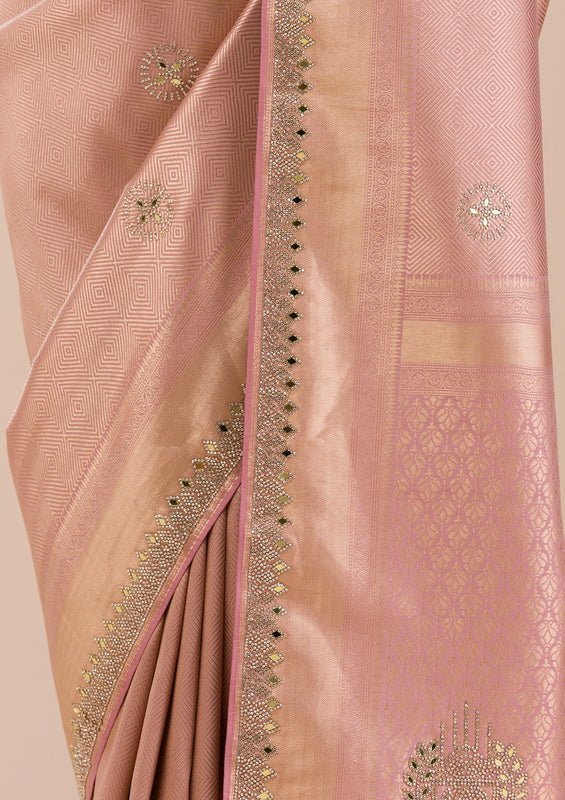 Onion Pink Silk Jaal Gold Stonework Saree With Matching Blouse Piece - Image 8