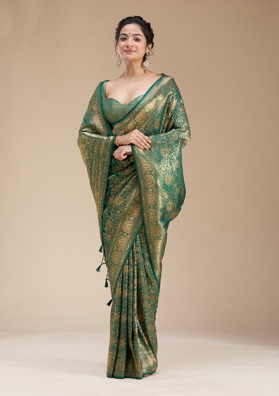 Bottle Green Silk Jaal Zariwork Saree With Matching Blouse Piece