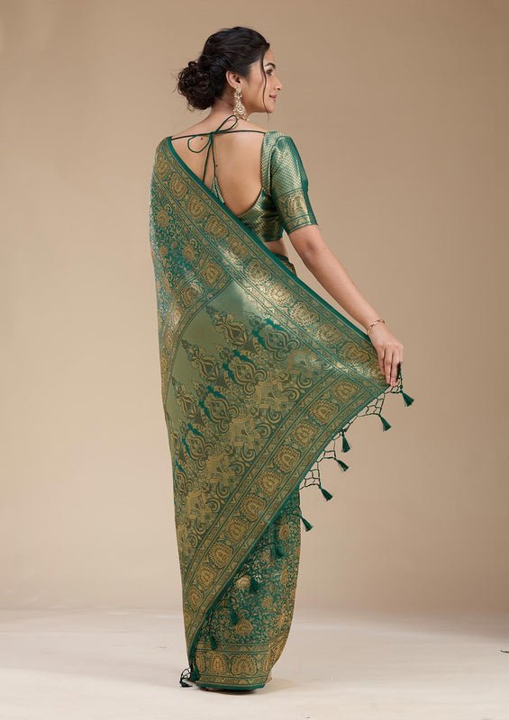 Bottle Green Silk Jaal Zariwork Saree With Matching Blouse Piece - Image 2