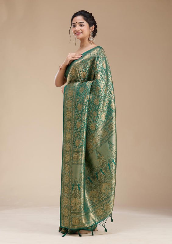 Bottle Green Silk Jaal Zariwork Saree With Matching Blouse Piece - Image 3