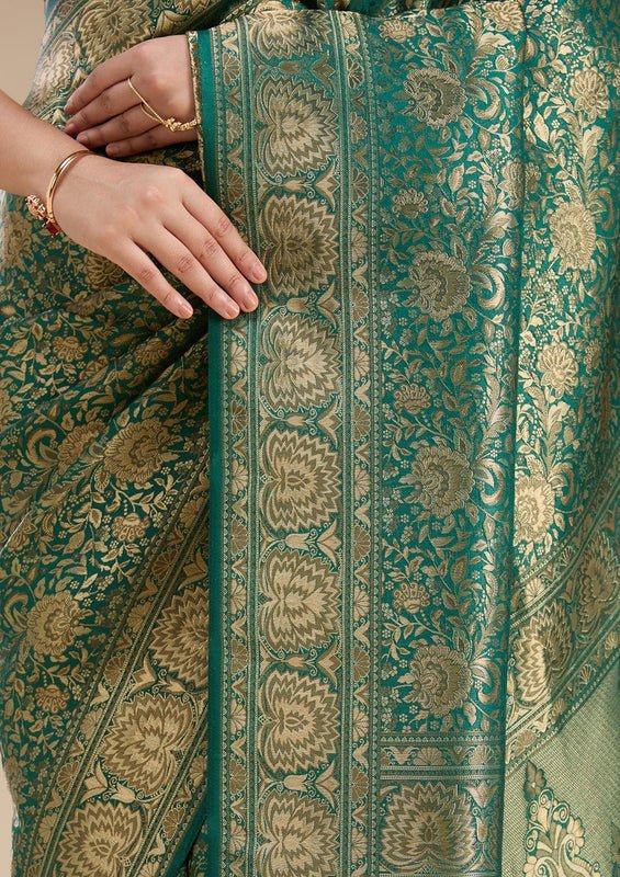 Bottle Green Silk Jaal Zariwork Saree With Matching Blouse Piece - Image 4