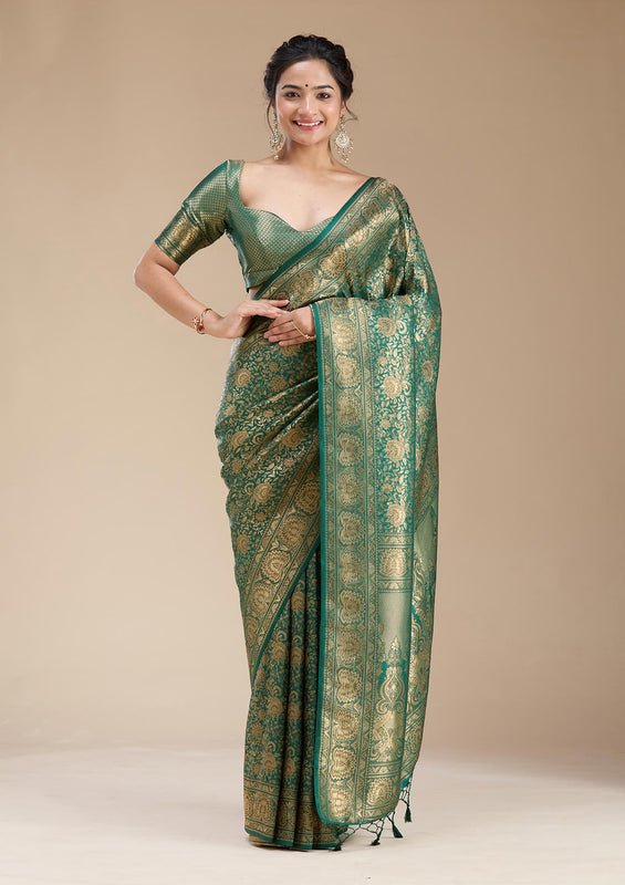 Bottle Green Silk Jaal Zariwork Saree With Matching Blouse Piece - Image 5