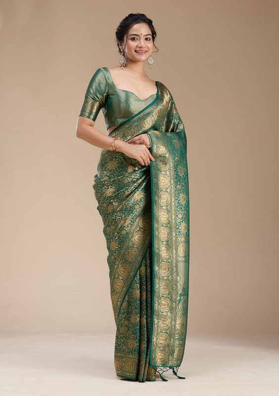 Bottle Green Silk Jaal Zariwork Saree With Matching Blouse Piece - Image 6
