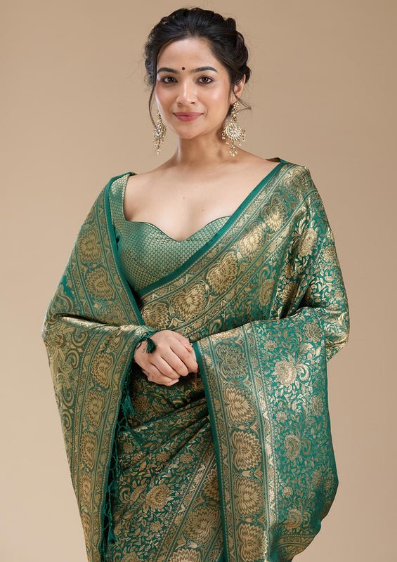 Bottle Green Silk Jaal Zariwork Saree With Matching Blouse Piece - Image 7