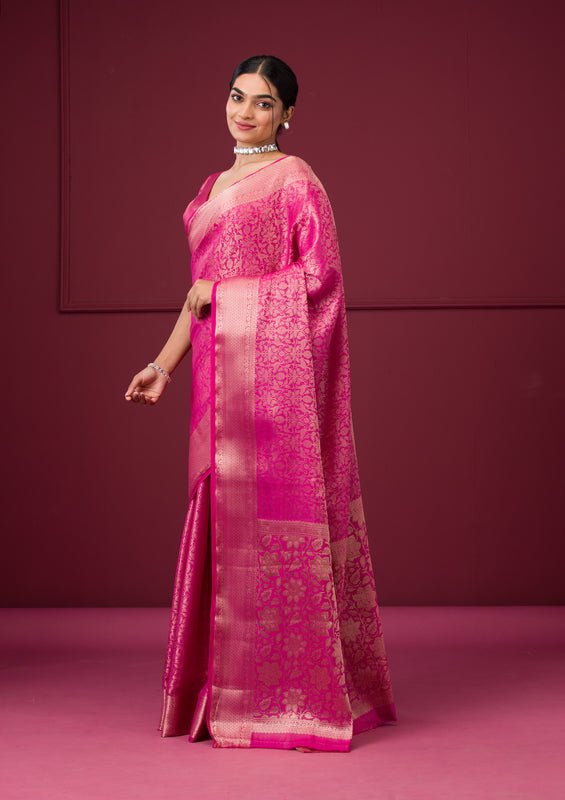 Rani Pink Silk Jaal Gold Zariwork Saree With Matching Blouse Piece