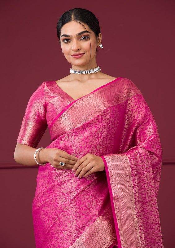 Rani Pink Silk Jaal Gold Zariwork Saree With Matching Blouse Piece - Image 2
