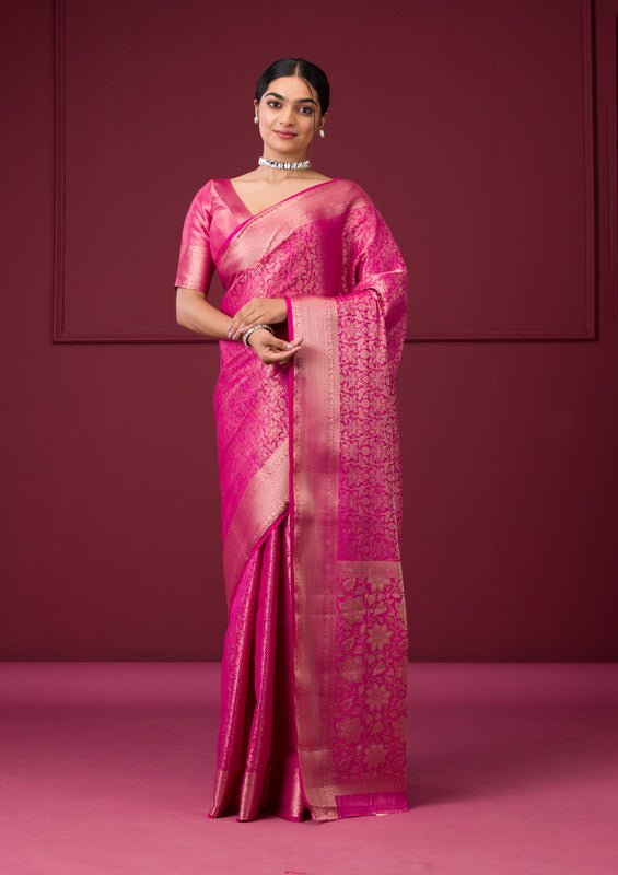 Rani Pink Silk Jaal Gold Zariwork Saree With Matching Blouse Piece - Image 3