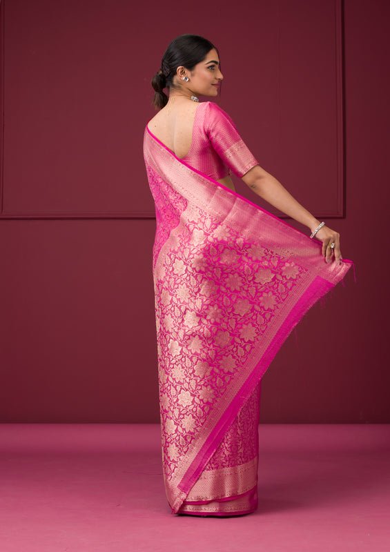 Rani Pink Silk Jaal Gold Zariwork Saree With Matching Blouse Piece - Image 4