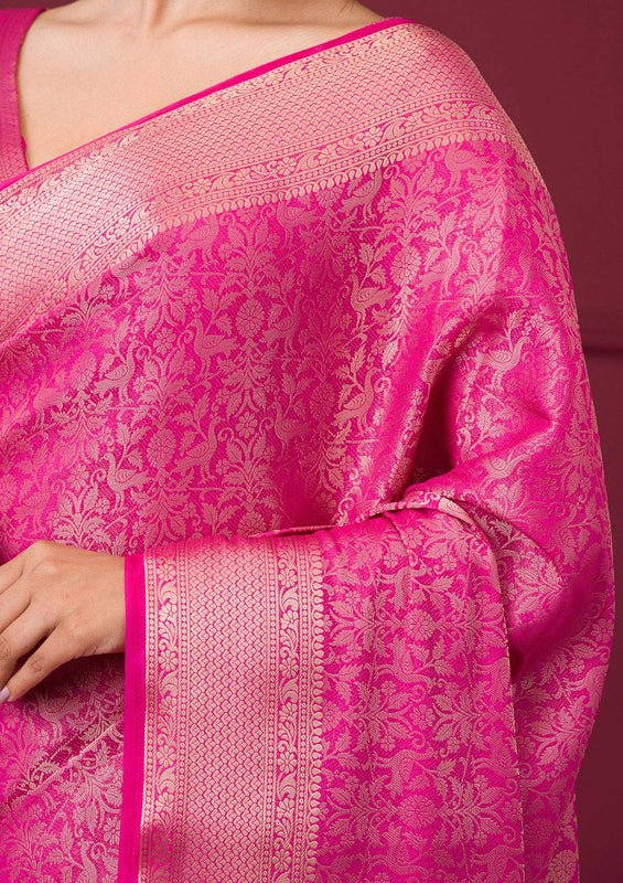 Rani Pink Silk Jaal Gold Zariwork Saree With Matching Blouse Piece - Image 5