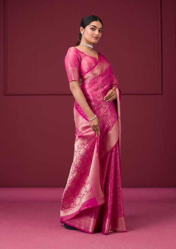 Rani Pink Silk Jaal Gold Zariwork Saree With Matching Blouse Piece - Image 6