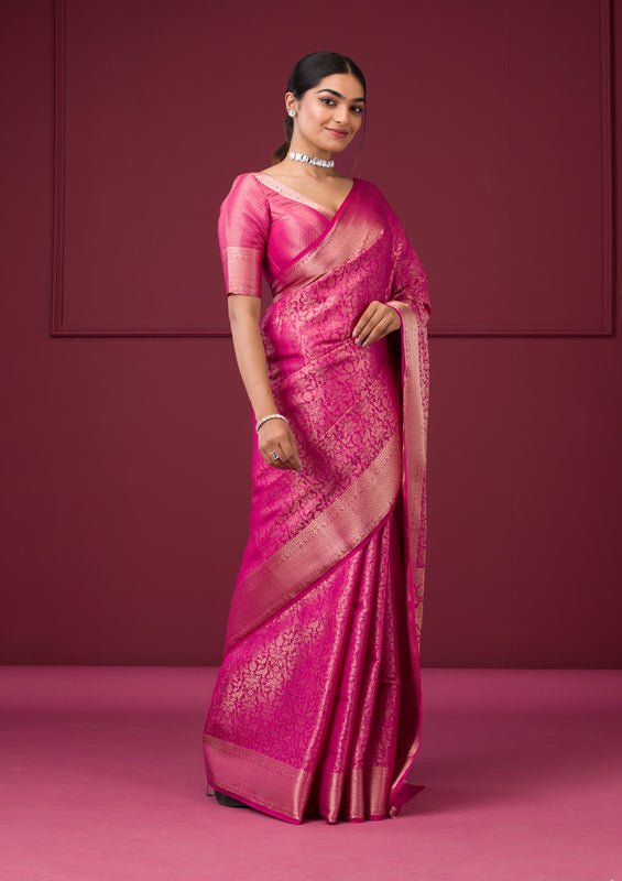 Rani Pink Silk Jaal Gold Zariwork Saree With Matching Blouse Piece - Image 7