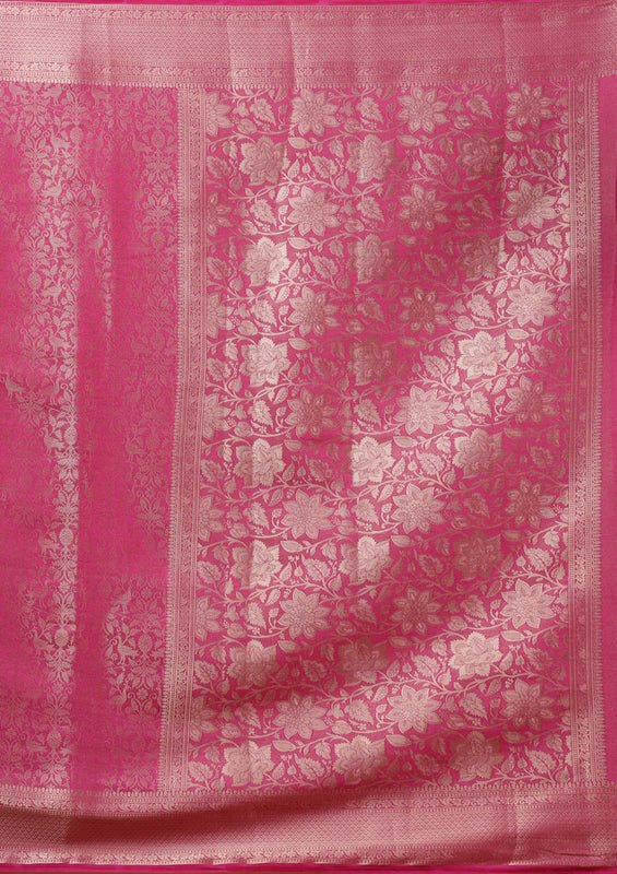 Rani Pink Silk Jaal Gold Zariwork Saree With Matching Blouse Piece - Image 9