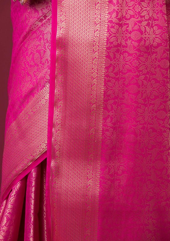 Rani Pink Silk Jaal Gold Zariwork Saree With Matching Blouse Piece - Image 10