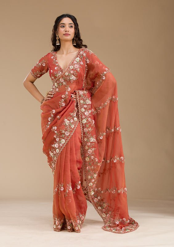 Rust Tissue Sequins Saree With Matching Blouse Piece