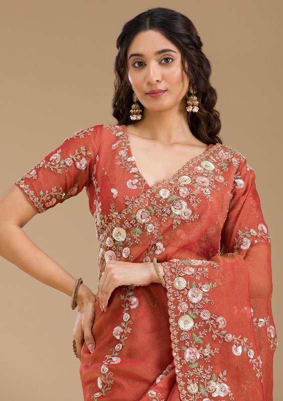 Rust Tissue Sequins Saree With Matching Blouse Piece - Image 3