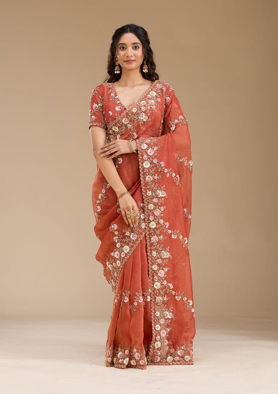 Rust Tissue Sequins Saree With Matching Blouse Piece - Image 4
