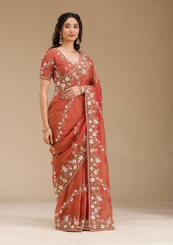 Rust Tissue Sequins Saree With Matching Blouse Piece - Image 6