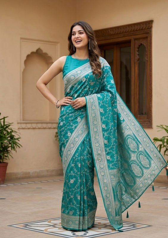 Rama Green Silk Jaal Gold Stonework Saree With Matching Blouse Piece