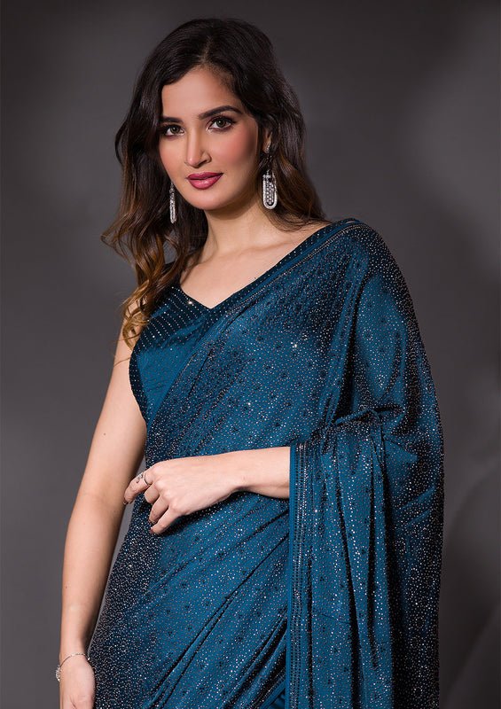 Peacock Blue Satin Silver Stonework Saree With Matching Blouse Piece