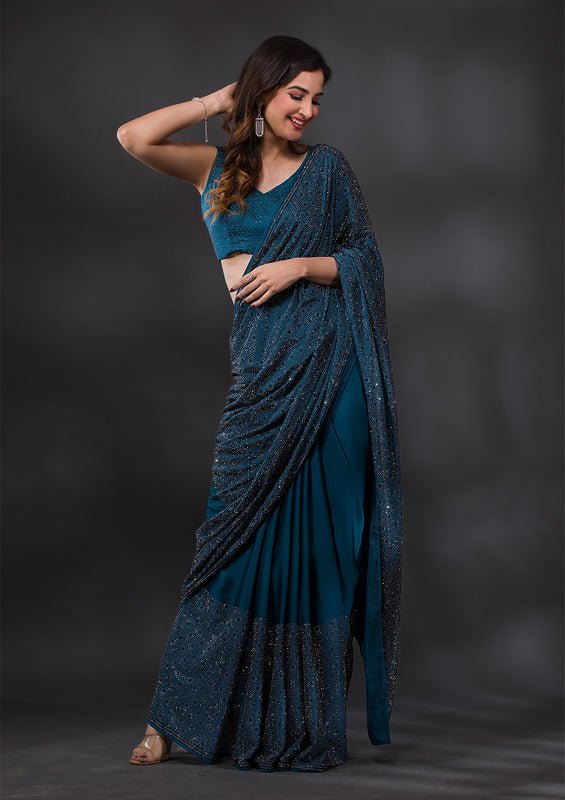Peacock Blue Satin Silver Stonework Saree With Matching Blouse Piece - Image 2