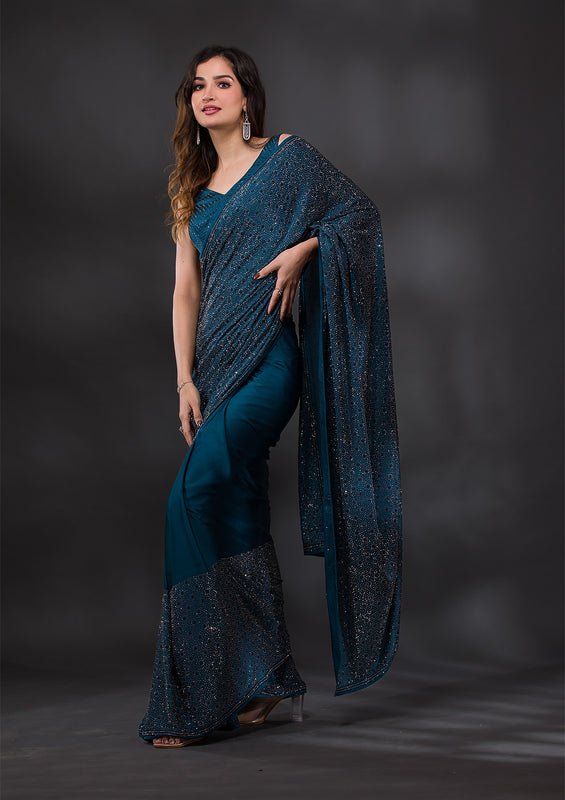 Peacock Blue Satin Silver Stonework Saree With Matching Blouse Piece - Image 3