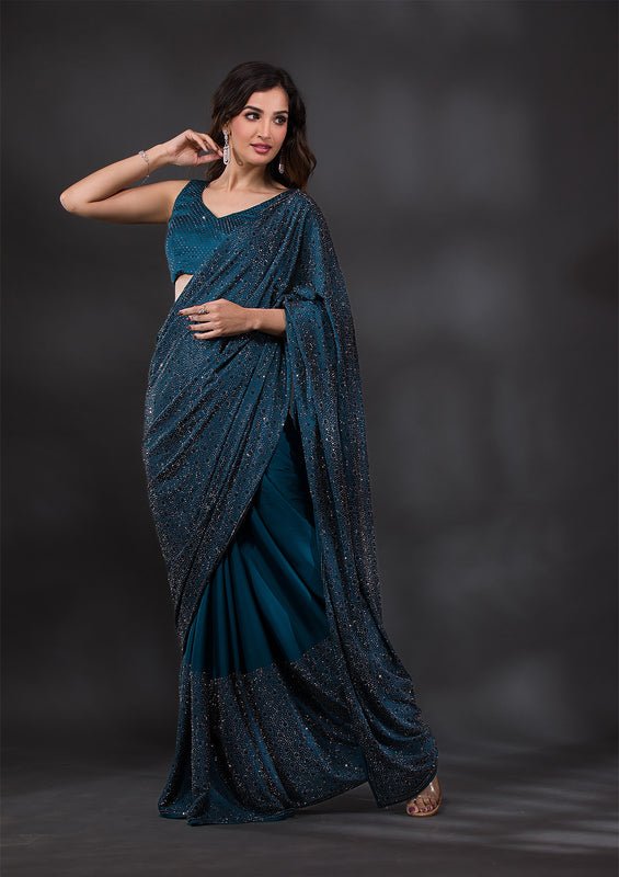 Peacock Blue Satin Silver Stonework Saree With Matching Blouse Piece - Image 4