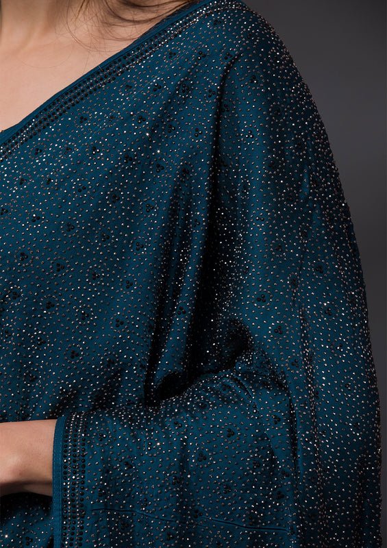 Peacock Blue Satin Silver Stonework Saree With Matching Blouse Piece - Image 5