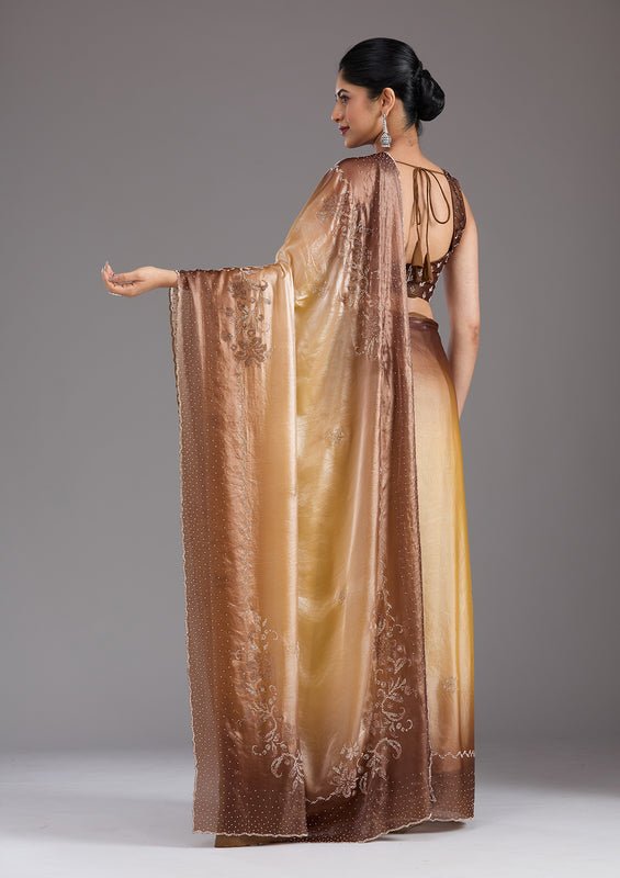 Beige Tissue Gold Stonework Saree With Matching Blouse Piece - Image 2