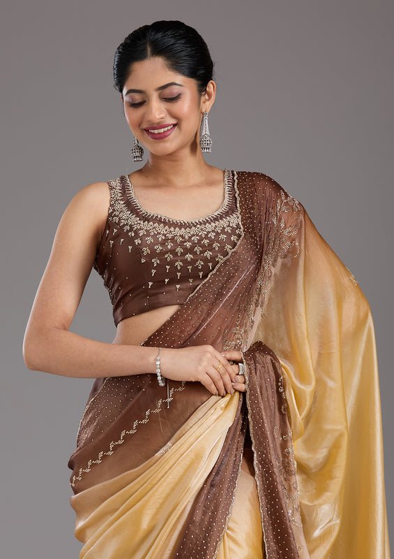 Beige Tissue Gold Stonework Saree With Matching Blouse Piece - Image 3