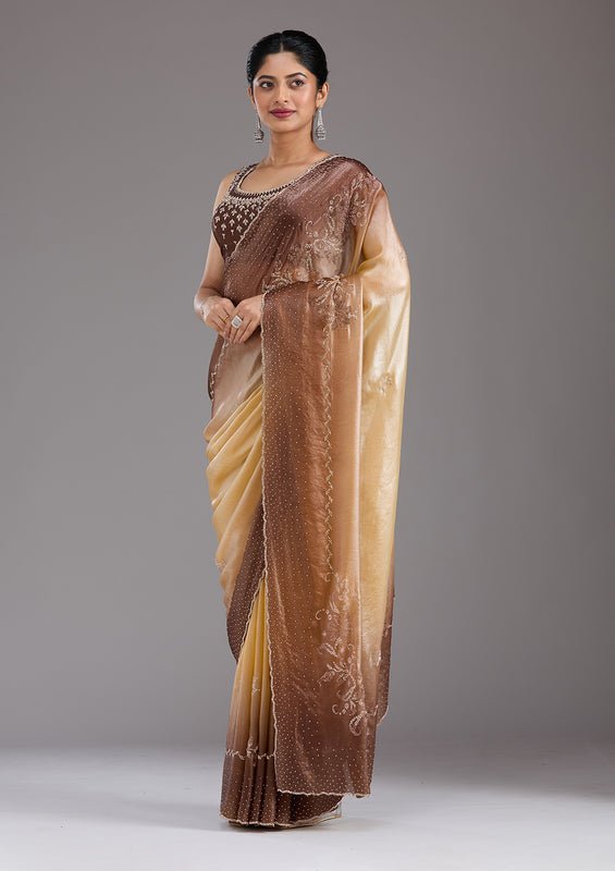 Beige Tissue Gold Stonework Saree With Matching Blouse Piece - Image 4