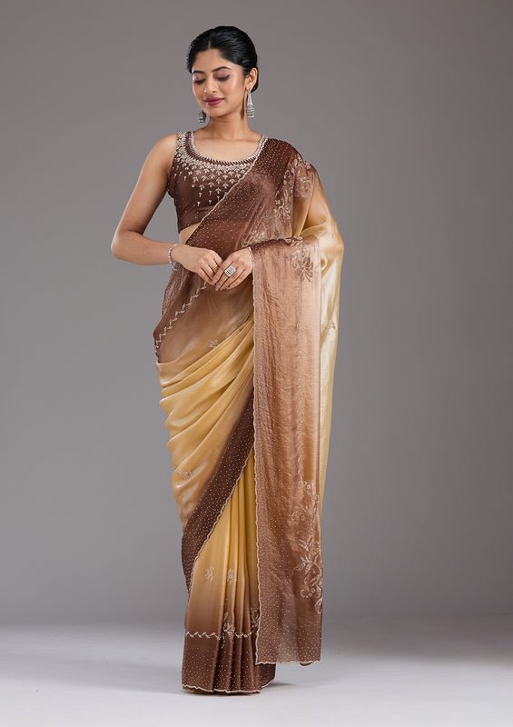 Beige Tissue Gold Stonework Saree With Matching Blouse Piece - Image 5