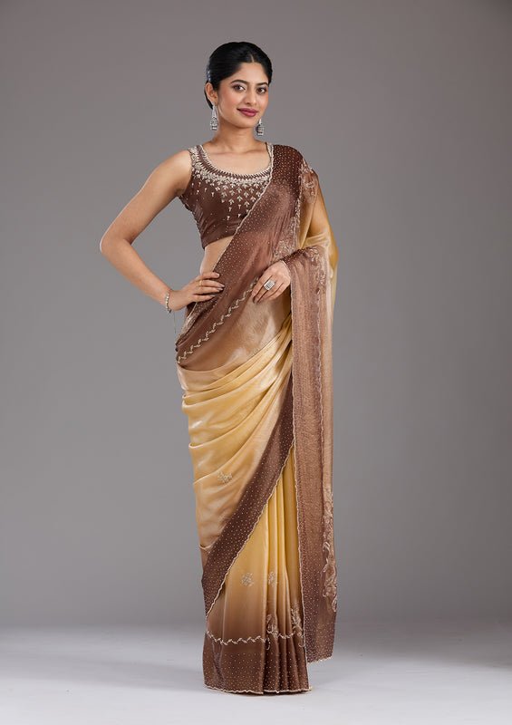 Beige Tissue Gold Stonework Saree With Matching Blouse Piece - Image 6