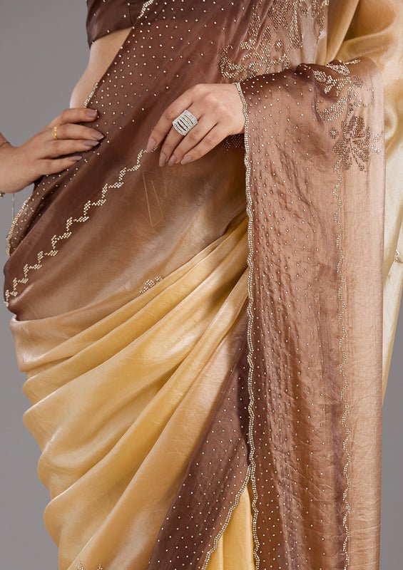 Beige Tissue Gold Stonework Saree With Matching Blouse Piece - Image 9
