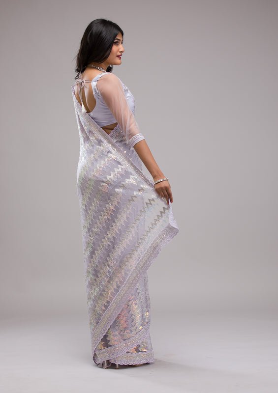 Lavender Organza Sequins Saree With Matching Blouse Piece - Image 2