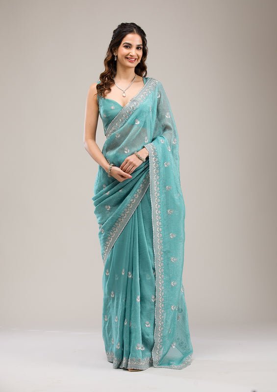 Turquoise Blue Tissue Silver Zariwork Saree With Matching Blouse Piece