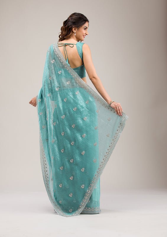 Turquoise Blue Tissue Silver Zariwork Saree With Matching Blouse Piece - Image 2