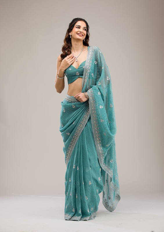 Turquoise Blue Tissue Silver Zariwork Saree With Matching Blouse Piece - Image 4
