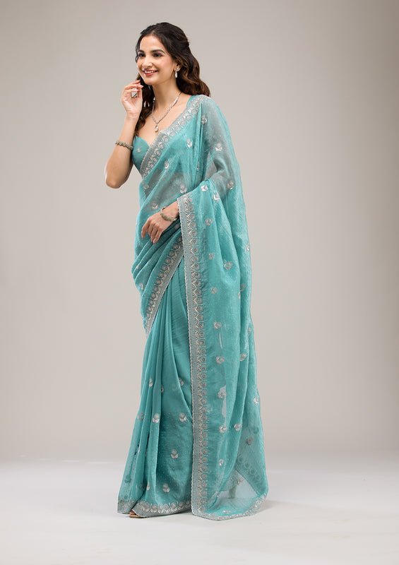 Turquoise Blue Tissue Silver Zariwork Saree With Matching Blouse Piece - Image 6