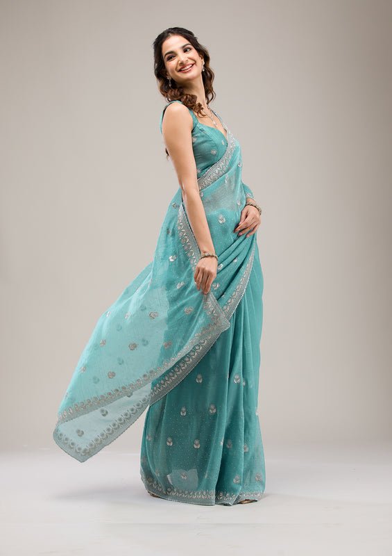 Turquoise Blue Tissue Silver Zariwork Saree With Matching Blouse Piece - Image 7