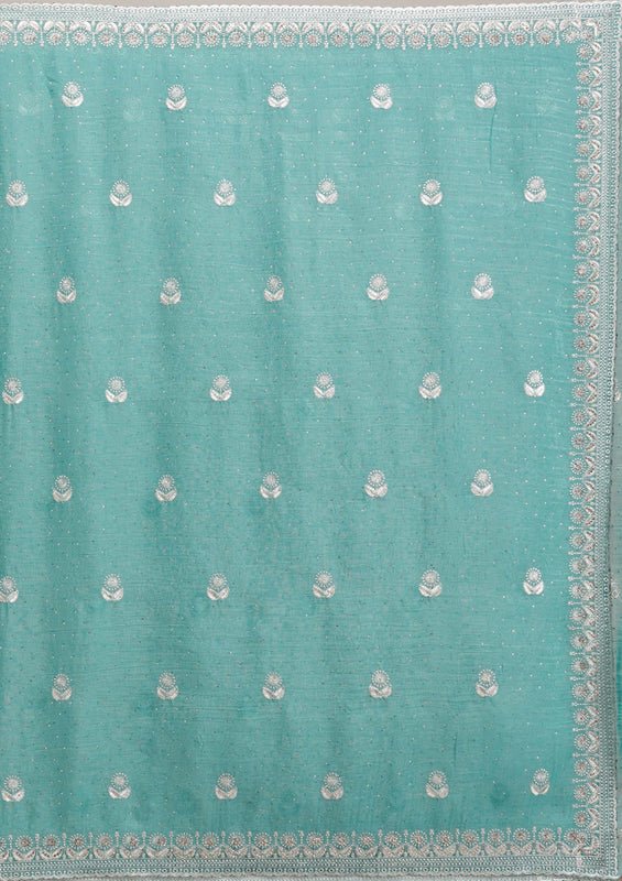 Turquoise Blue Tissue Silver Zariwork Saree With Matching Blouse Piece - Image 8